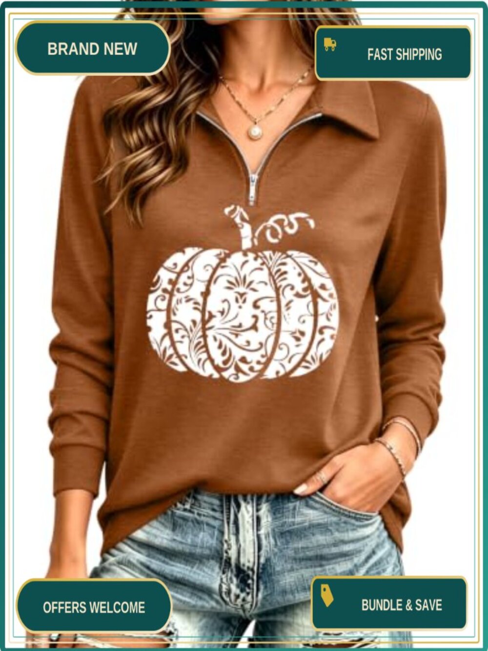 Women Halloween Pumpkin Graphic Zipper Polo Long Sleeve Fall Shirt